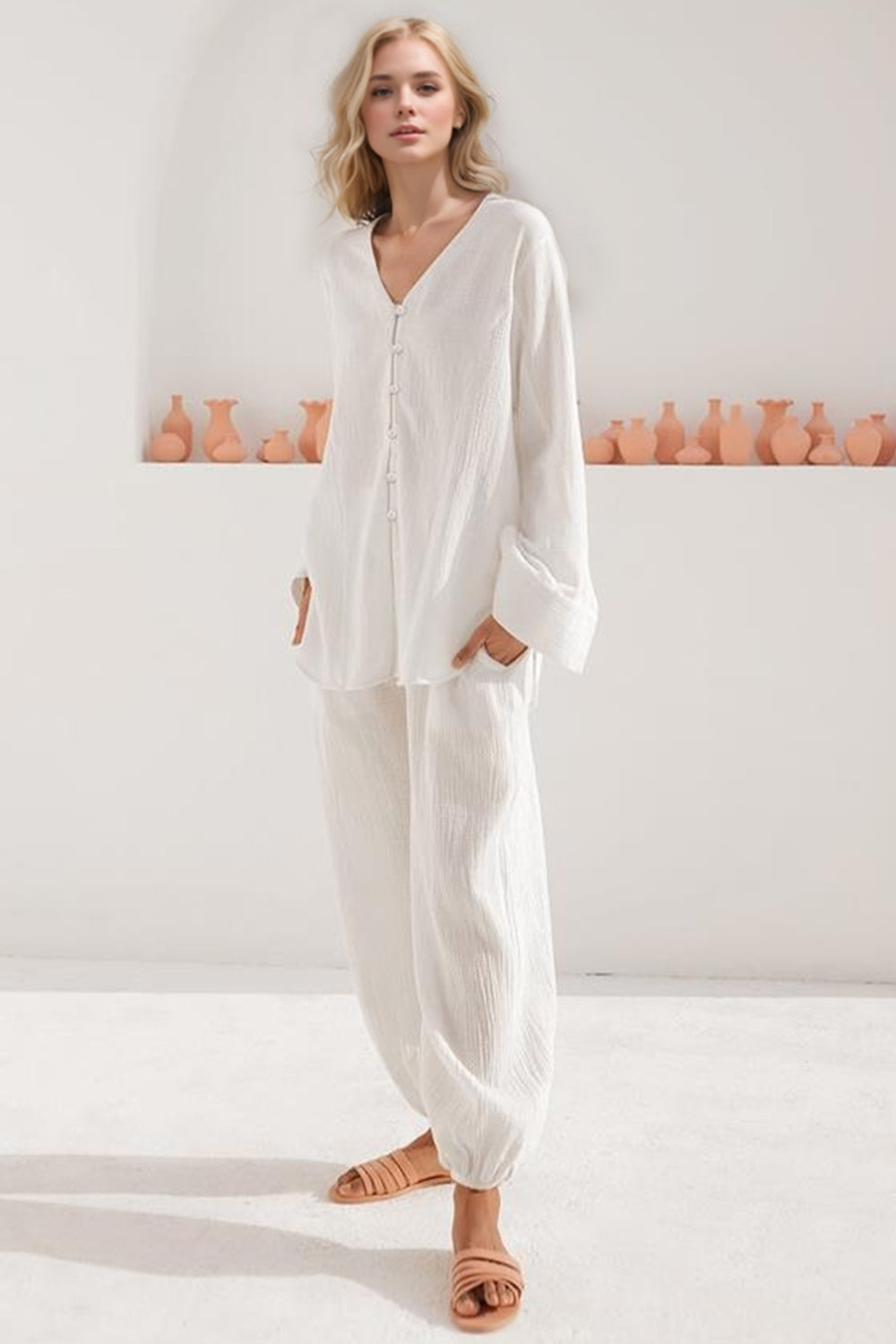 Buttery-Soft V-Neck Long Sleeve Top and Pants Set