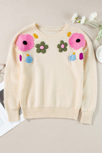 Crochet Flower Round Neck Dropped Shoulder Sweater